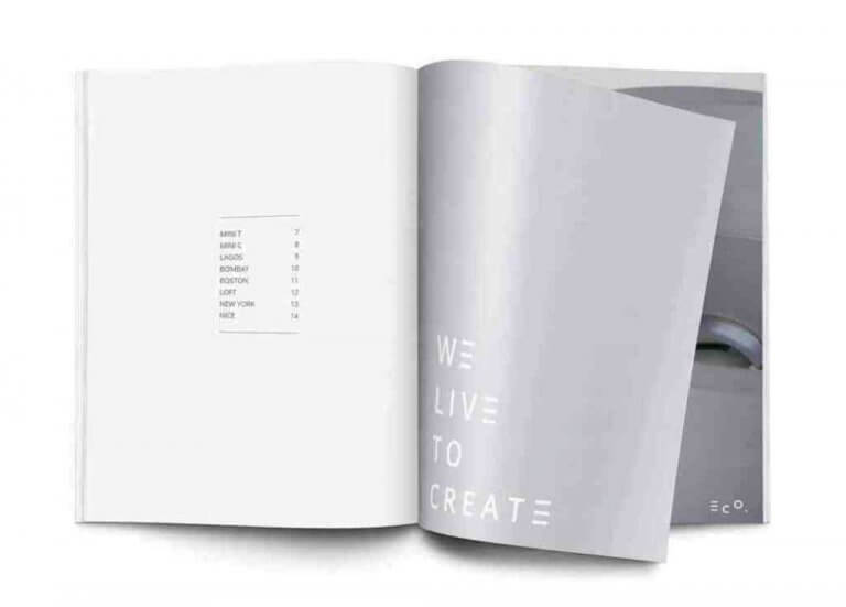 עיצוב קטלוג – תוכן עניינים וכותרת WE LIVE TO CREATE בקטלוג ECO בטון אלגנטי בגווני אפור | עיצוב קטלוג ומיתוג קרנף סטודיו