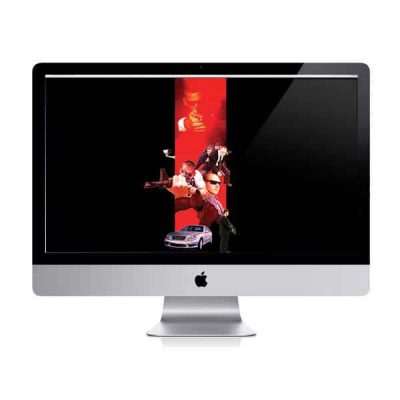 עיצוב אתר – אתר חברת אבטחה בינלאומית על מסך iMac, רצועה אדומה עם מאבטחים ורכב על רקע שחור | פורטפוליו קרנף סטודיו