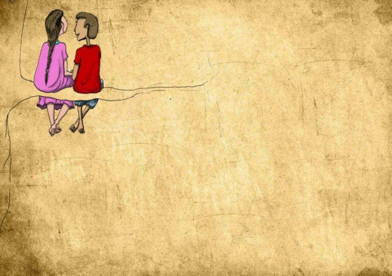 איור לספר ילדים – ילד וילדה יושבים על ענף עץ ומביטים זה בזה, רקע נייר עתיק בגווני חום-זהב | איורים קרנף סטודיו