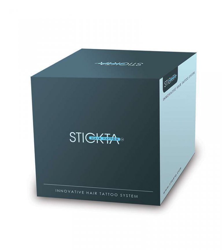 עיצוב אריזה – קופסת STICKTA Innovative Hair Tattoo System בכחול פטרול ותכלת עם לוגו לבן | פורטפוליו קרנף סטודיו