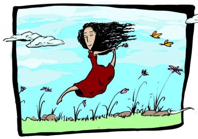 איור קומיקס – אישה בשמלה אדומה ושיער שחור מתבדר מרחפת מעל שדה פרחים ופרפרים כתומים | גלריית איורים קרנף סטודיו